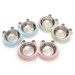 Atacado Double <span class=keywords><strong>Pet</strong></span> Feeding <span class=keywords><strong>Pet</strong></span> Water Feeder Big Eyes Frogs Plastic Stainless Steel Bowl para cães e gatos - Product Image 3