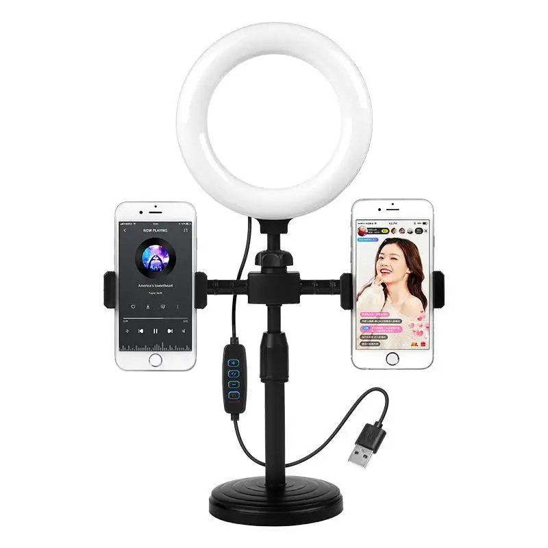 Soporte doble para teléfono móvil, Base de anillo de luz LED para selfi, iluminación multicolor para escritorio, maquillaje, transmisión en vivo