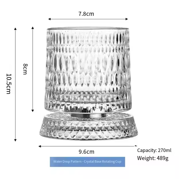 Taza giratoria con base de cristal y patrón de gota de agua
