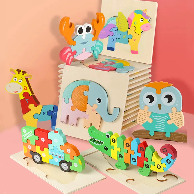 Jeux de dessin animé de véhicule animal écologique personnalisé gratuit éducation de bébé jouets de puzzle en bois pour enfants garçons Puzzle 3D pour enfants