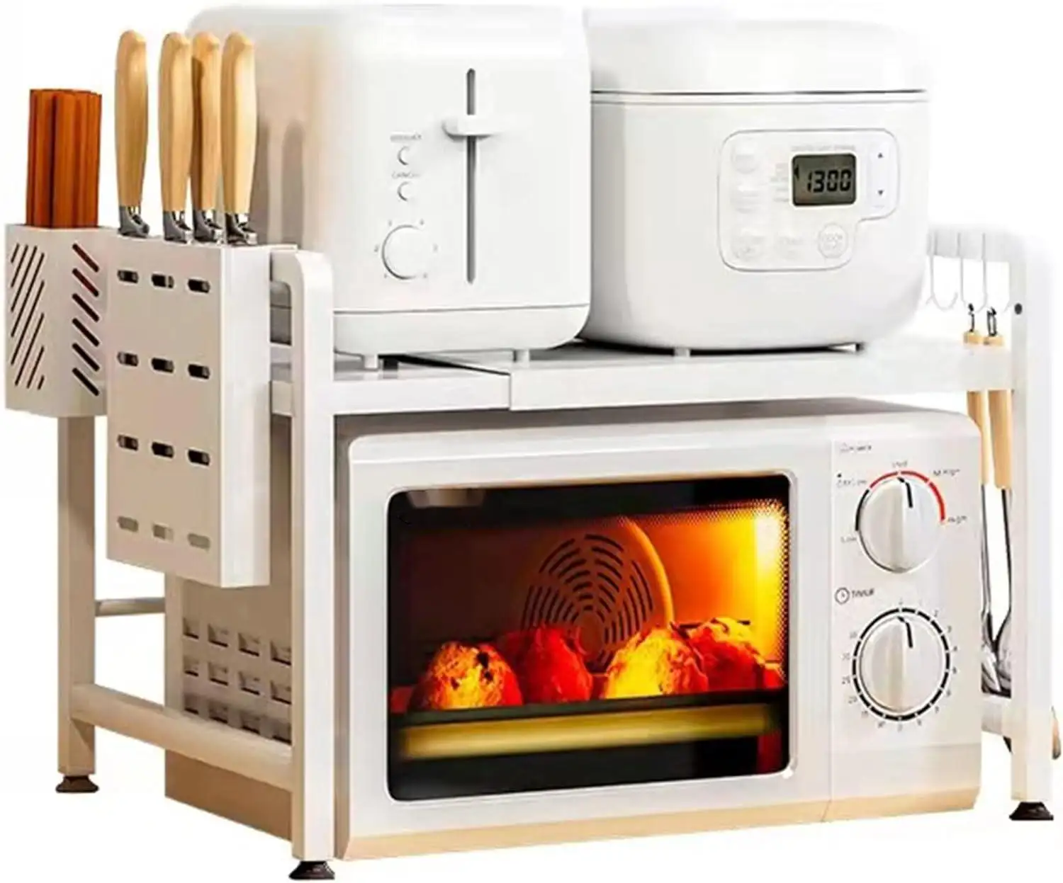 Estante de almacenamiento de cocina ajustable con marco de metal, estante de cocina para panadero con 3 ganchos, soporte para horno microondas, estante de almacenamiento de cocina