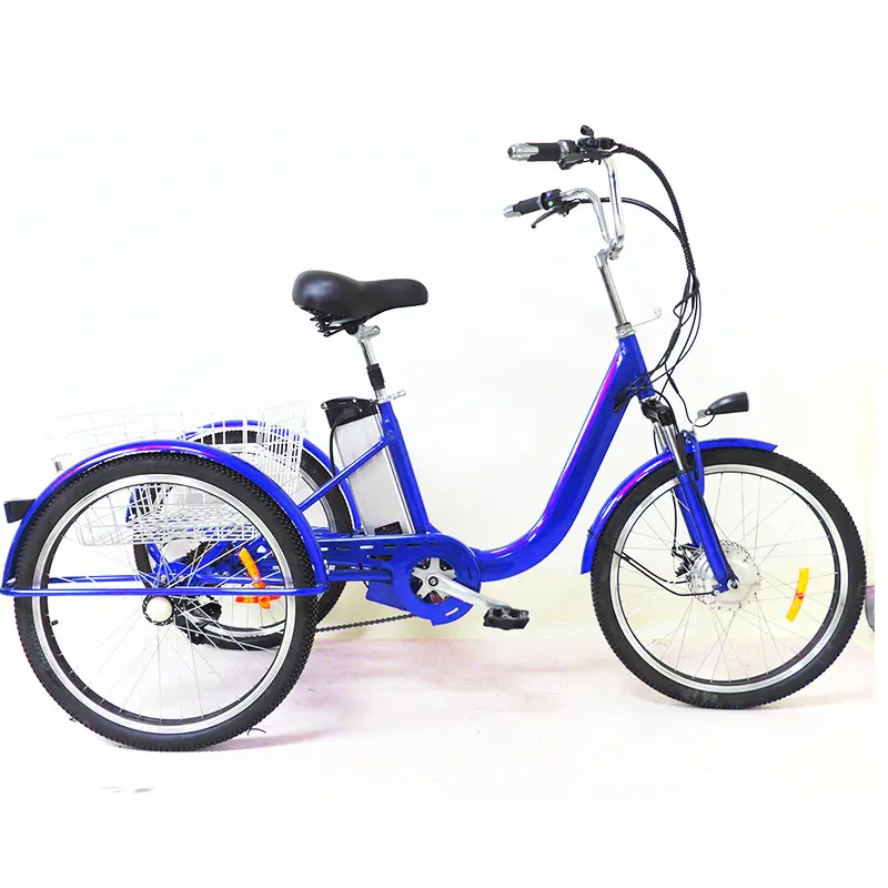대형 후면 바구니 24 인치 전기 세발 자전거 성인용 전기 세발 자전거 3 바퀴화물 자전거