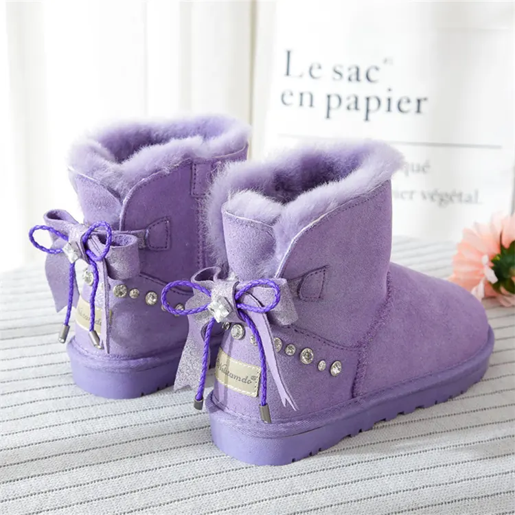 Botas de piel de oveja para mujer y niño, botas de piel con cinta de nieve con lazos, venta al por mayor