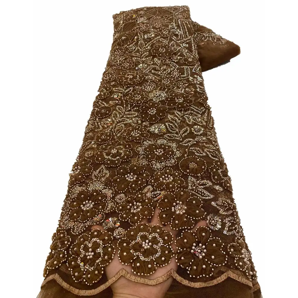 Exquisita hermosa tela de encaje de Boda nupcial marrón bordado francés disco flor tul malla 3D tela de encaje de flores con perlas