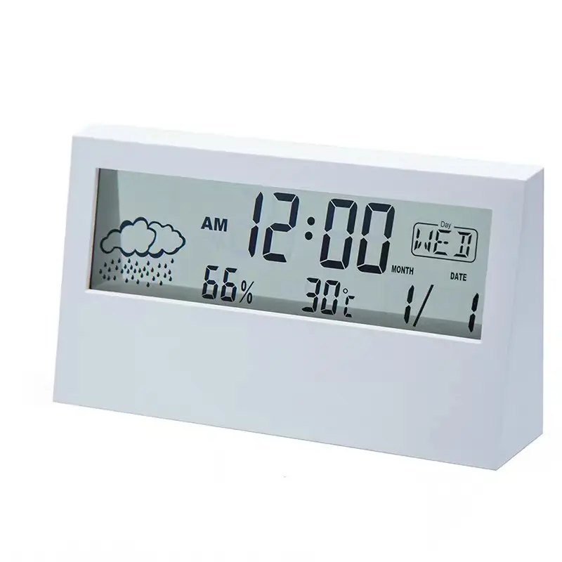 Fabrika doğrudan şeffaf hava durumlu saat LCD ekran sıcaklık ekran masası ve Alarm ile masa saatleri