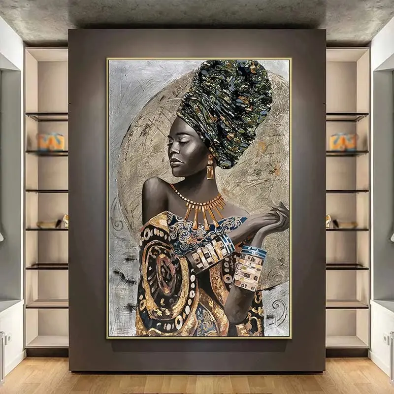 Poster seni dinding cetakan gambar dinding abstrak Dekor rumah ruang tamu lukisan minyak potret di kanvas wanita hitam Afrika