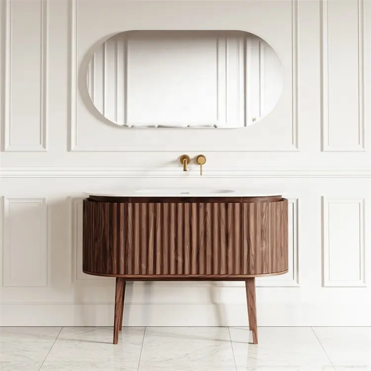 Mueble de baño curvo con lavabo integrado de cerámica, tocador de baño moderno de madera maciza