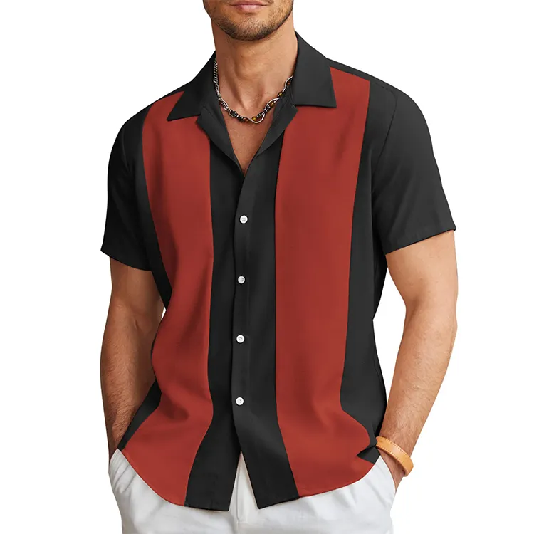 Heren Color Block Vintage Bowling Shirt Korte Mouw Knoop Zomer Strand Shirts Voor Heren Casual