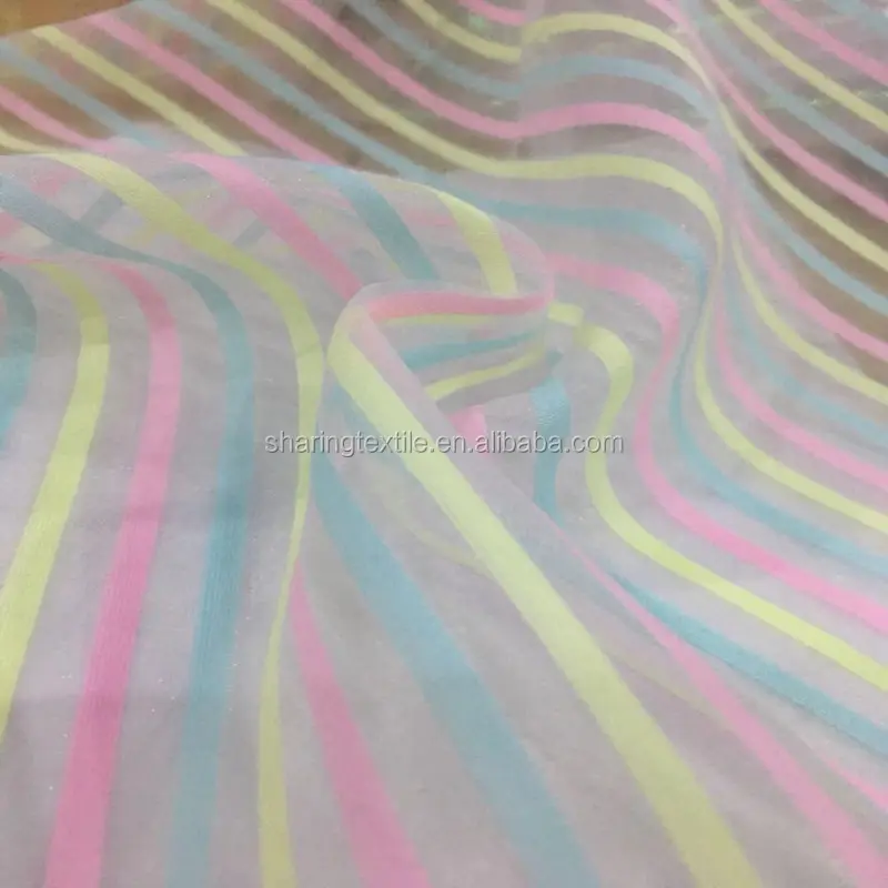 Retail Stock 17 Colors 20D*16S Yarn Dyed Polyester Spun Colourful Stripe Tulle Organza Voile Sheer Fabric