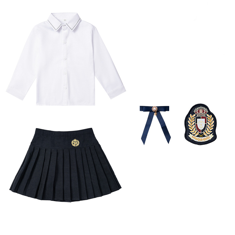 Camisa blanca punteada + Falda plisada + pajarita Azul Marino