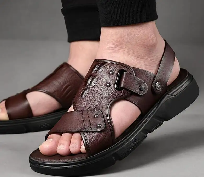 NOUVEAU Pantoufles de marche respirantes et antidérapantes pour hommes semelle épaisse à coussin d'air sandales durables chaussures de plage en cuir de vachette véritable de haute qualité