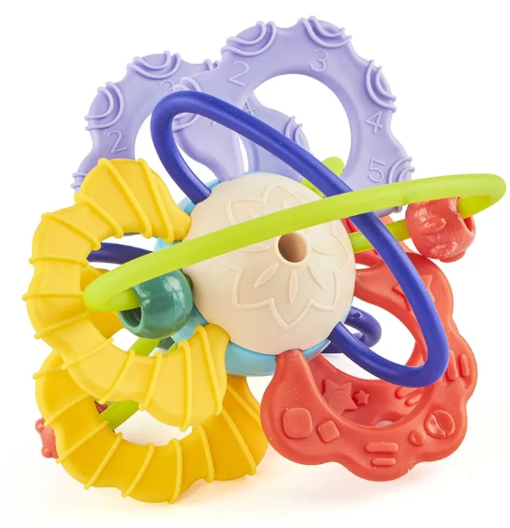 Doppia faccia colla dentale in gomma morbida per neonati e bambini piccoli giocattoli campana di Manhattan per bambini puzzle con impugnatura a mano