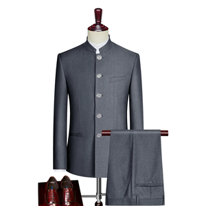 Conjunto de dos piezas para hombre, vestido de novio chino ajustado, traje de cuello levantado, traje informal de 2 piezas de estilo chino de talla grande
