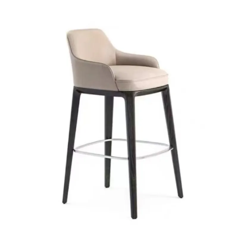 Silla de Bar de cuero minimalista nórdica, muebles modernos para el hogar, silla de Bar con respaldo de patas de madera maciza de Fresno para restaurante
