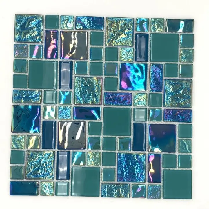 Piastrelle a mosaico in vetro per piscina verde blu con buccia e bastone iridescenti da 4mm