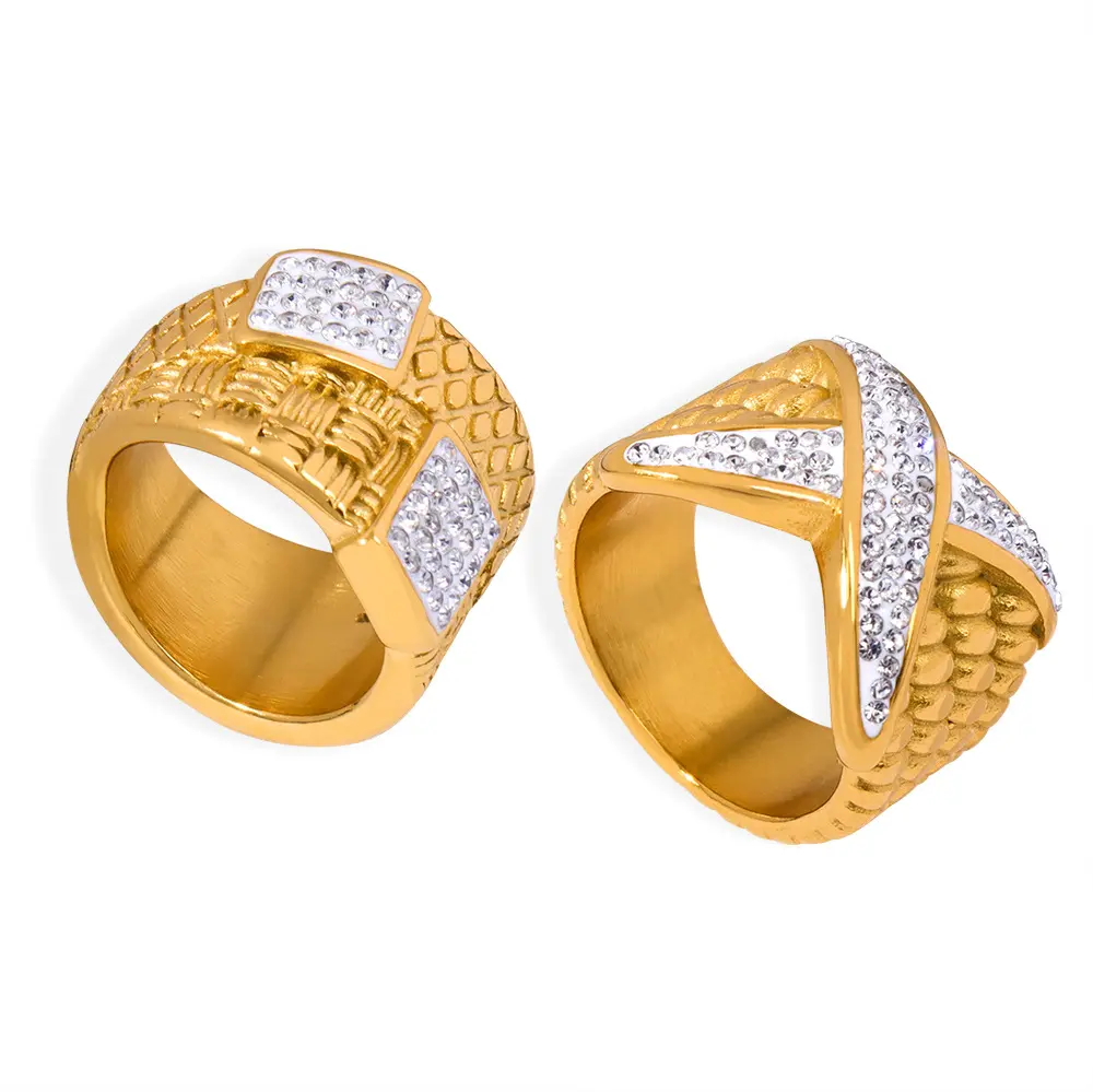 Francés elegante temperamento simple joyería diamante diseño sentido textura geométrica titanio acero chapado en oro anillo