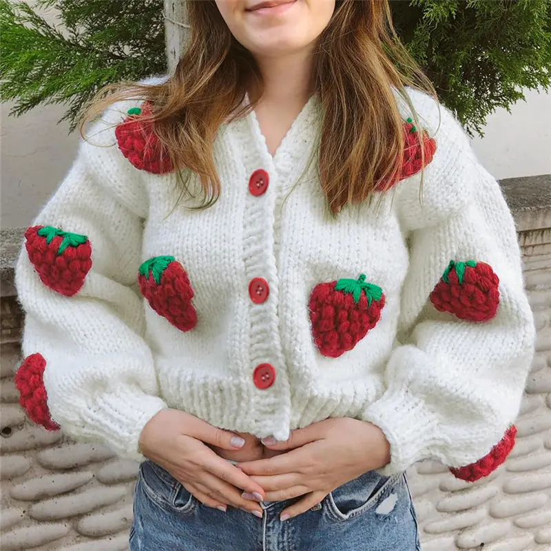 Cárdigan elegante de decoración de fresa para mujer, suéteres de moda con una hilera de botones, abrigo holgado con cuello en V, ropa de otoño