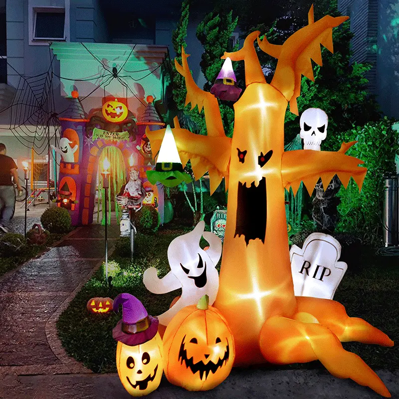 Trang trí Halloween trang trí nội thất ngoài trời bơm hơi Ba Con Ma nhỏ màu trắng và bí ngô thổi lên trang trí với đèn LED tích hợp