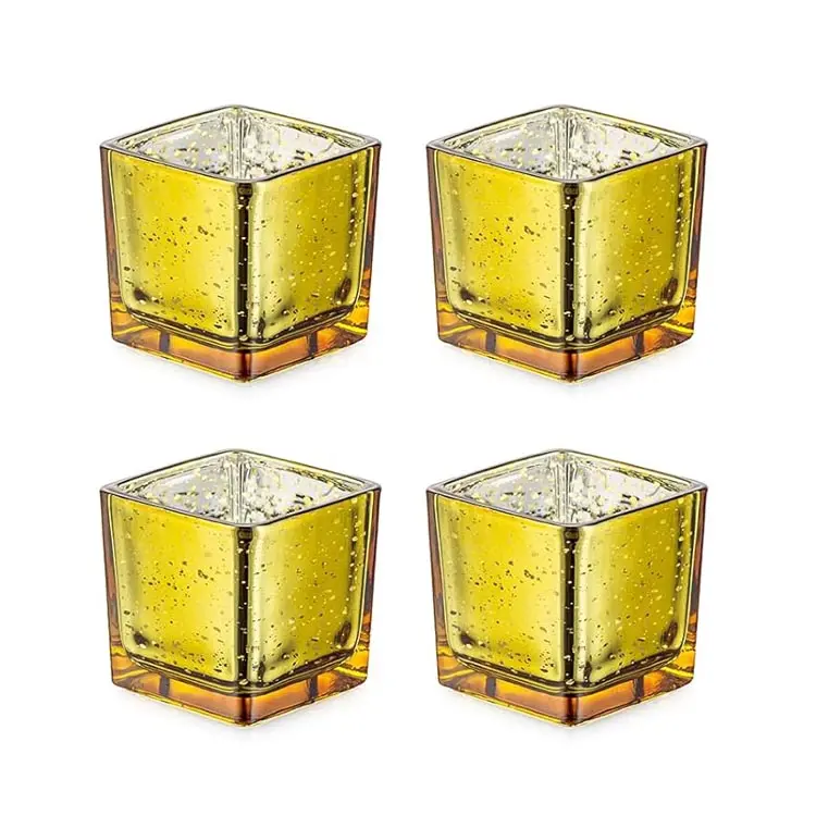 Wholesale Cheap Modern Gold Glass Tea Light Holder Glass Candle Holder Vase Square Shaped for Birthday Wedding Table Decoration