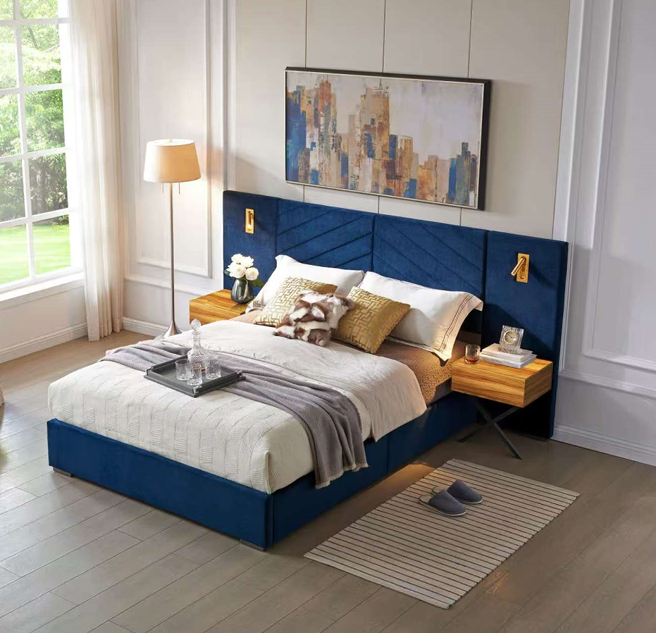 Bleu rétro + Bois + Moderne + Queen