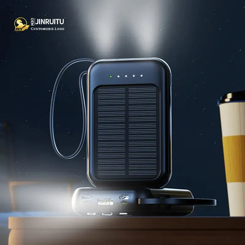 Power Bank tenaga surya portabel 10000mAh, pengisian daya Cepat Mini ramping dengan kabel bawaan, catu daya ponsel luar ruangan