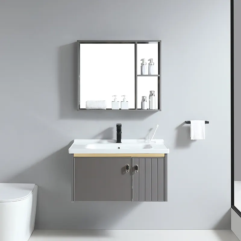 Bacia de alumínio para banheiro, lavatório com design moderno pvc armário do banheiro vanity com espelho