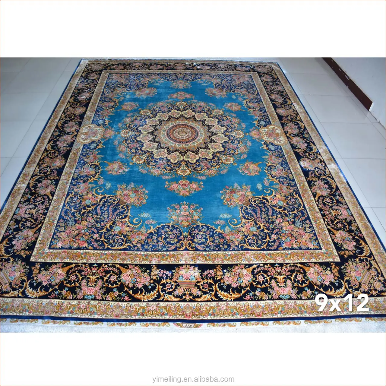 Tapete de nanyang artesanal estilo persiano, tapete de base em seda, cores brilhantes, azul, oriental, chinês