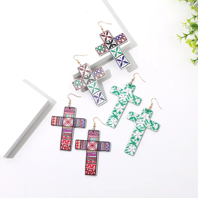 Pendientes cruzados con patrón floral, ganchos étnicos religiosos para las orejas, pendientes coloridos de recuerdo de viaje de estilo vacacional para mujer