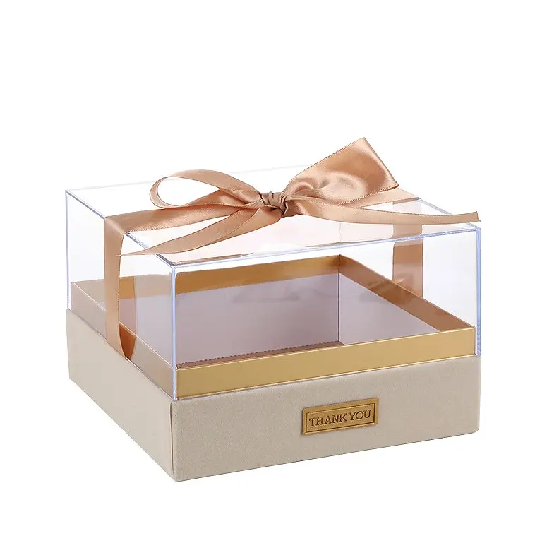 Caja de flores personalizada de gama alta, caja de regalo de boda acrílica de cartón, caja de embalaje de dulces con cinta