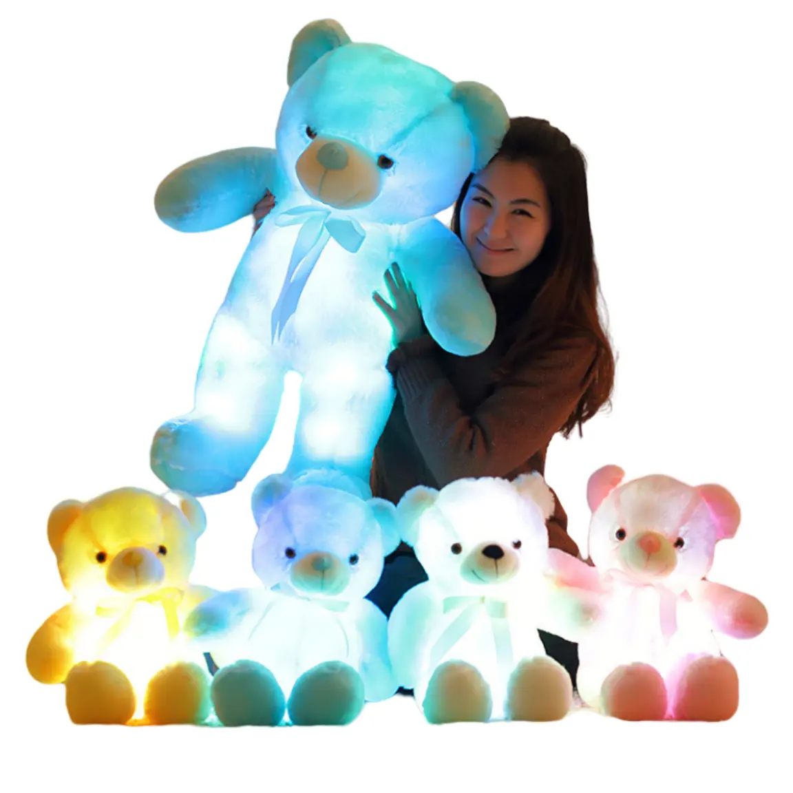 Gran oferta Kawaii luminoso Animal relleno Arco Iris resplandor juguetes de peluche Led luz hasta oso de peluche juguete de peluche suave oso de peluche almohada