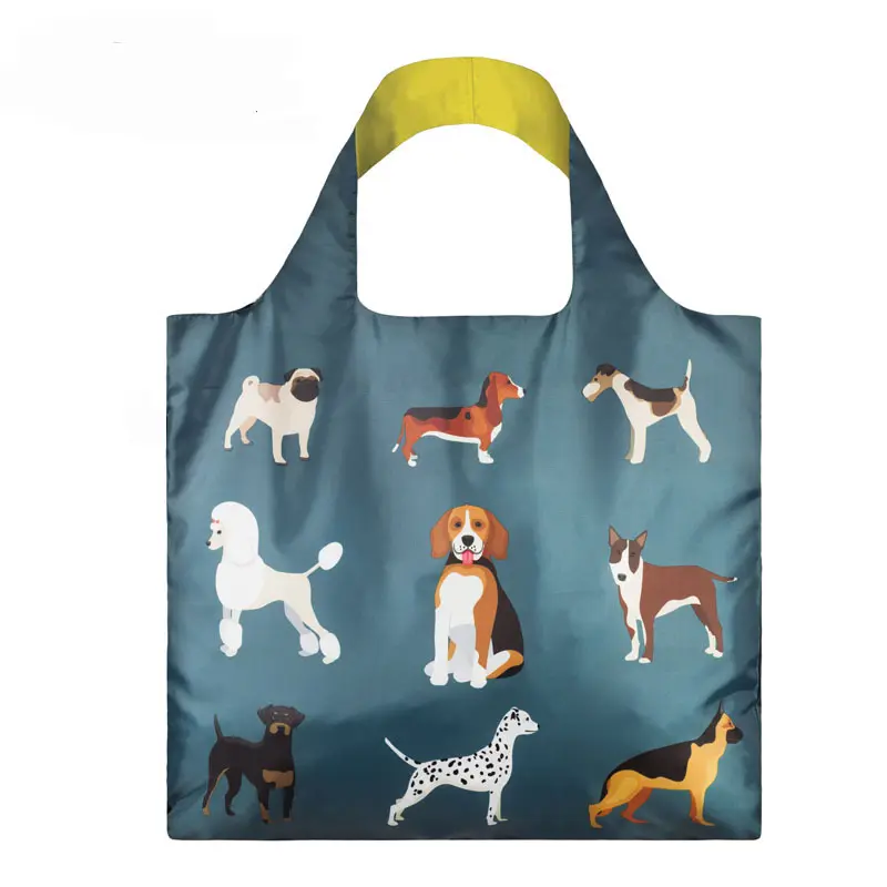 Yeniden kullanılabilir askılı çanta köpek Woof ucuz polyester kumaş plaj çantaları hayvan katlanır alışveriş çantası