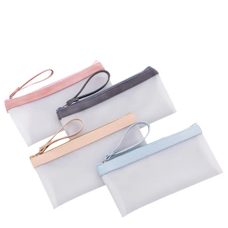 Bolsa para lápis em pvc semi transparente, bolsa portátil para lápis, costura, artigos de papelaria, bolsa de zíper para estudante com alça