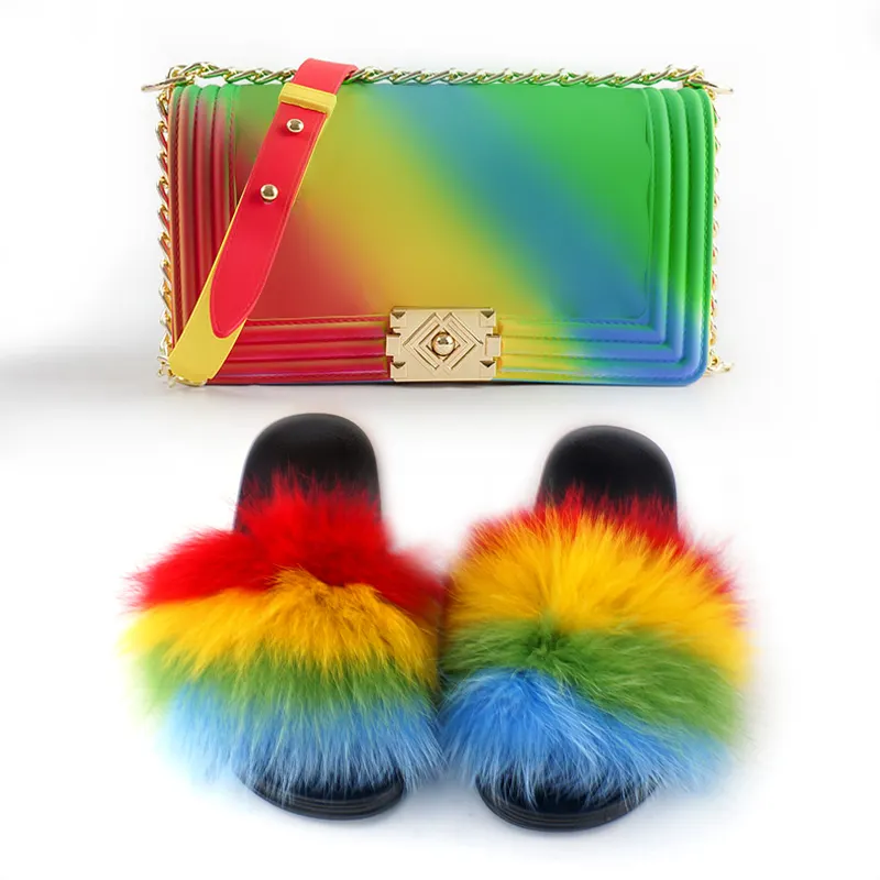 Atacado Rainbow color duas peças conjunto de slides geléia bolsas bolsas combinando com pele real para as mulheres