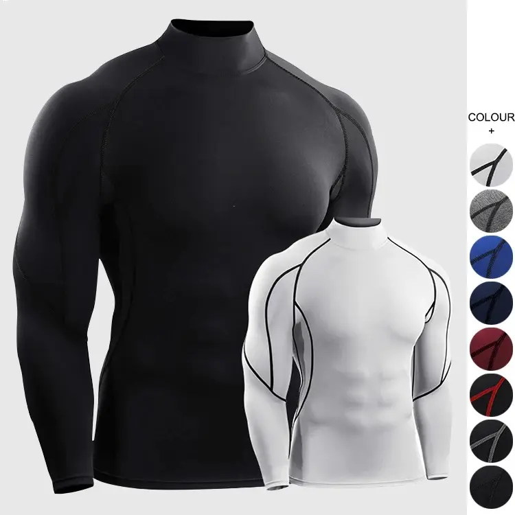 Heren Compressie Fitness Trainingsshirt Strakke Sportgym Bodybuilding T-Shirt Met Lange Mouwen Zwart Doorlopend Strak Gymshirt