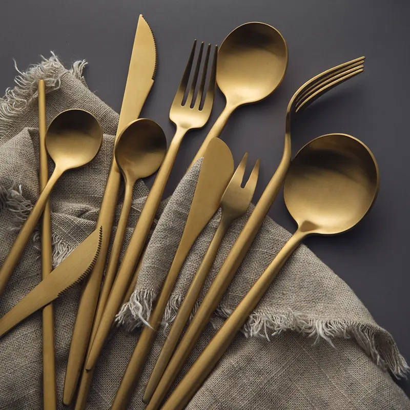 Jarwah Set peralatan makan sendok garpu emas, garpu makan malam emas besar pernikahan baja tahan karat sumpit logam pisau sendok emas