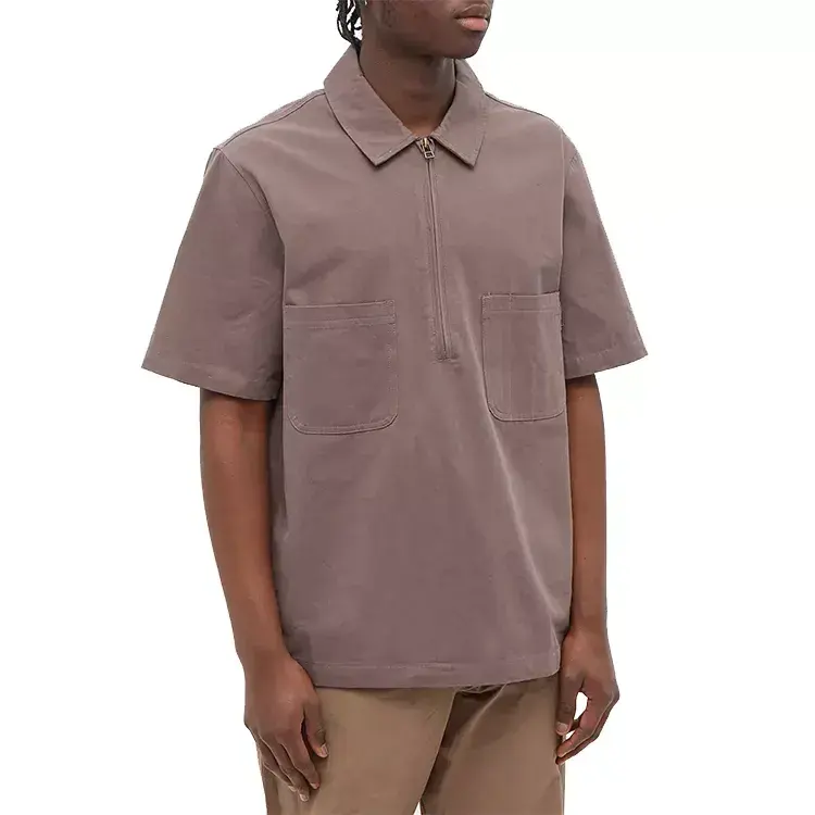 メンズクルーネックジップアップワークウェアシャツTシャツプラスサイズプレーン半袖メンズワークウェアボックスボタンハーフジップシャツ