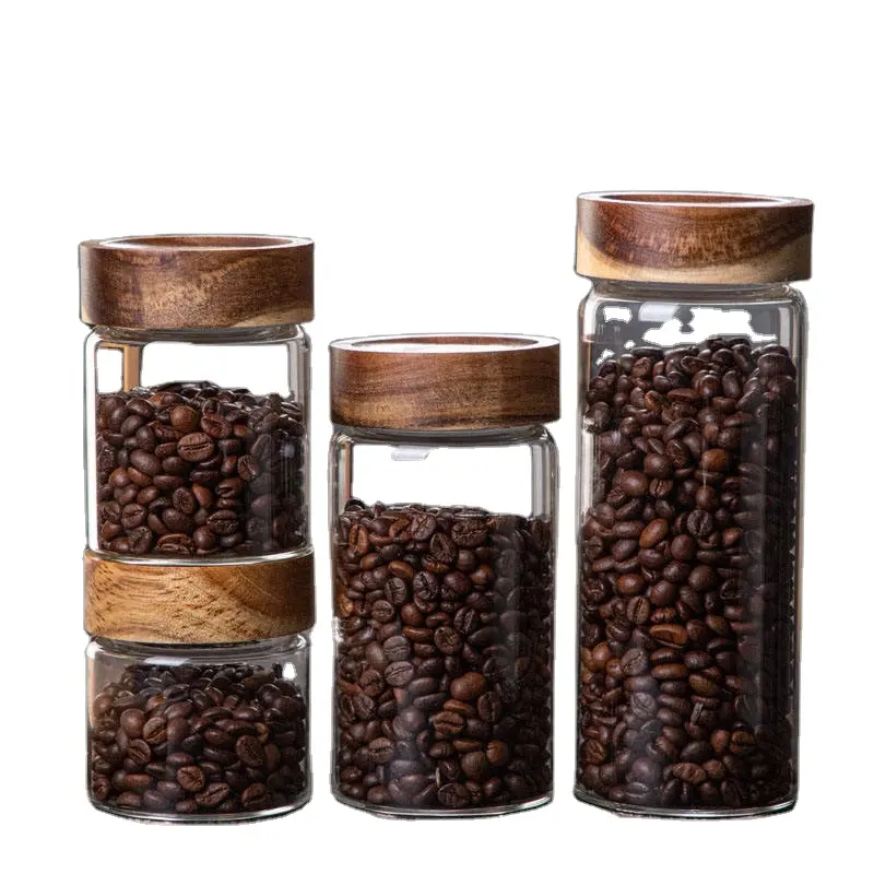 Latas de café selladas a mano, tarros de almacenamiento de especias de miel, frutas secas, recipientes de vidrio con tapa de madera de Acacia