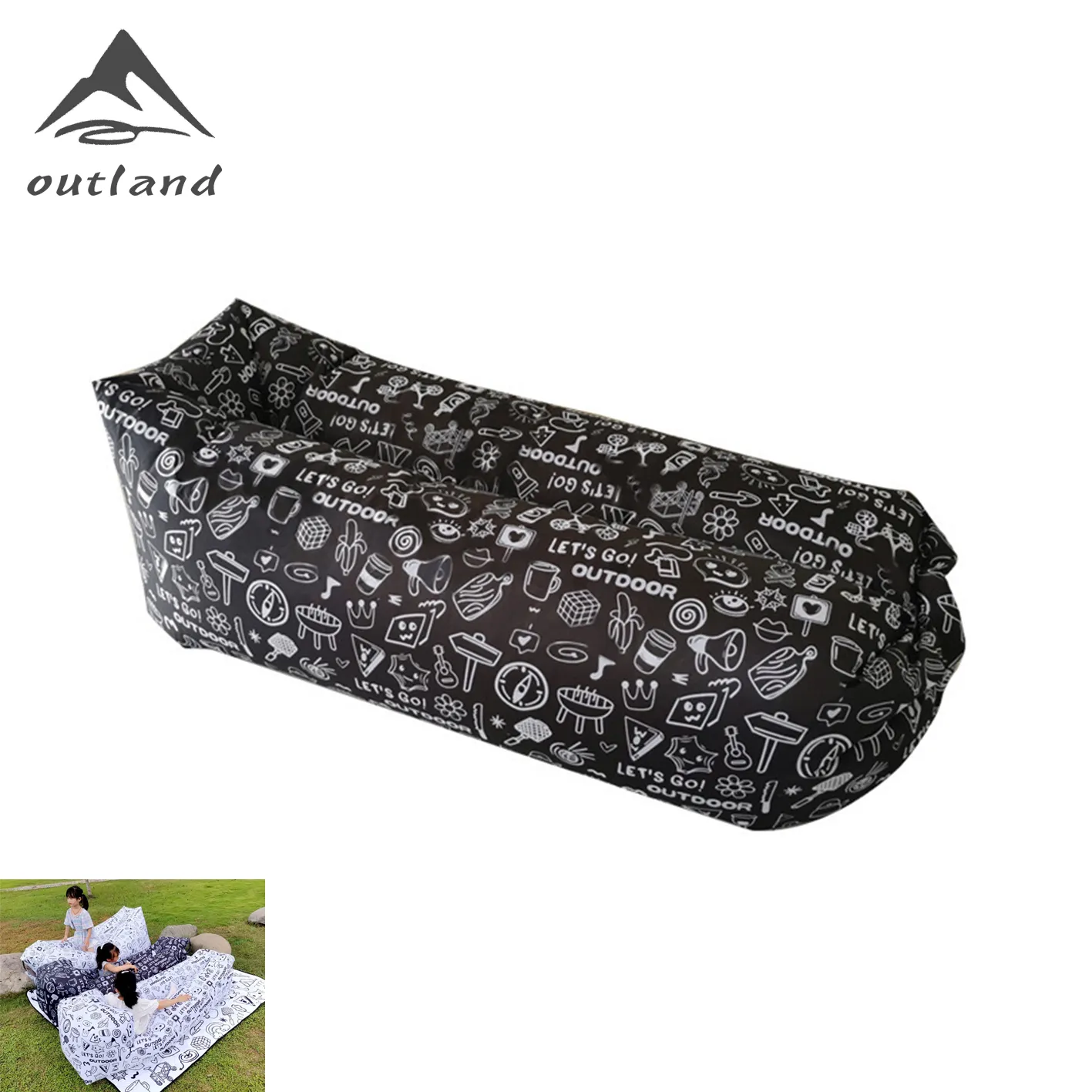 Canapé gonflable paresseux imprimé graffiti noir et blanc canapé d'air extérieur lit de coussin de déjeuner pratique