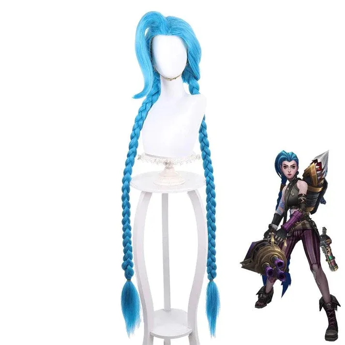 Jogo LOL Arcane Jinx Long Blue Bunches Cosplay Perucas Peluca Sintético Cosplay Peruca Traje