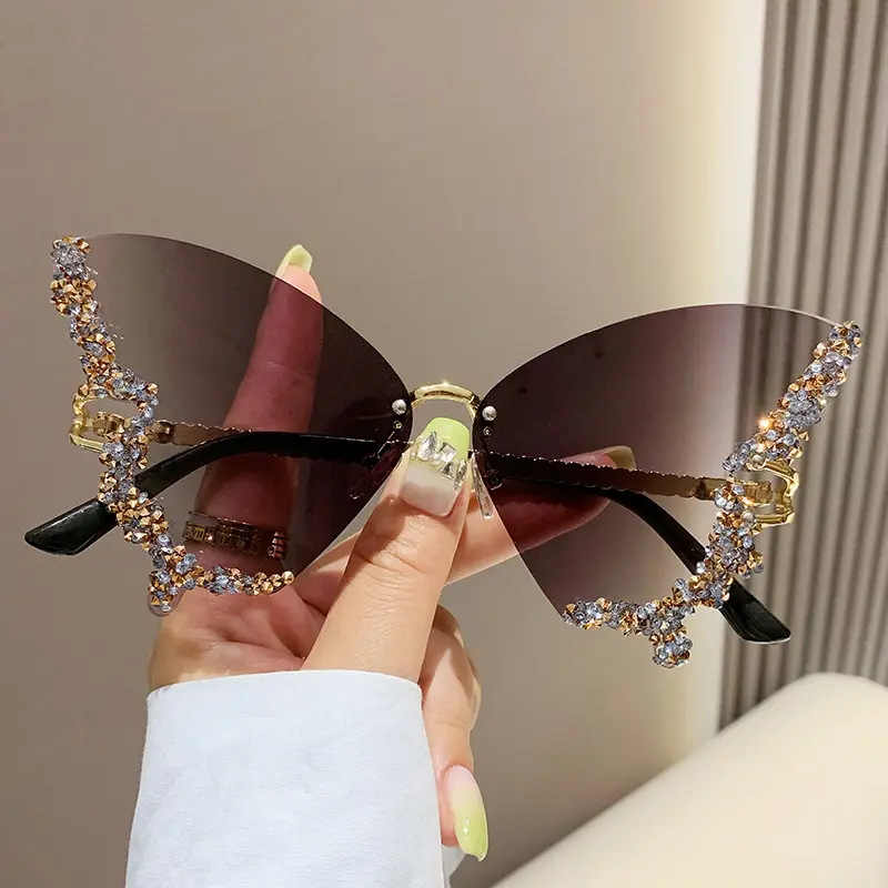 럭셔리 다이아몬드 나비 선글라스 여성 브랜드 Y2K 빈티지 무테 대형 선글라스 숙녀 안경 가파스 드 솔 마리포사