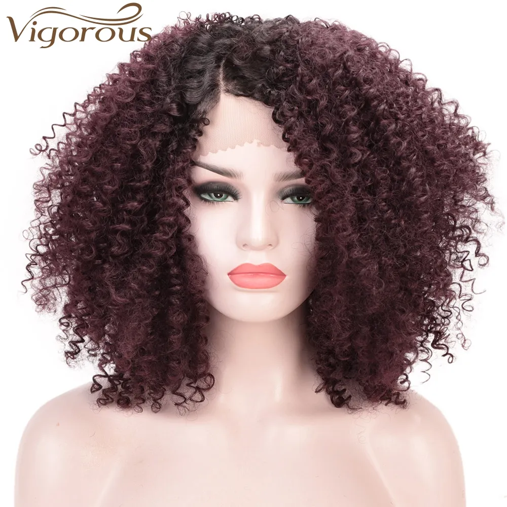 Peruca de cabelo sintético, vigoroso encaracolado perucas frontal, atacado natural de renda sintética para mulheres negras afroamericana perucas encaracoladas