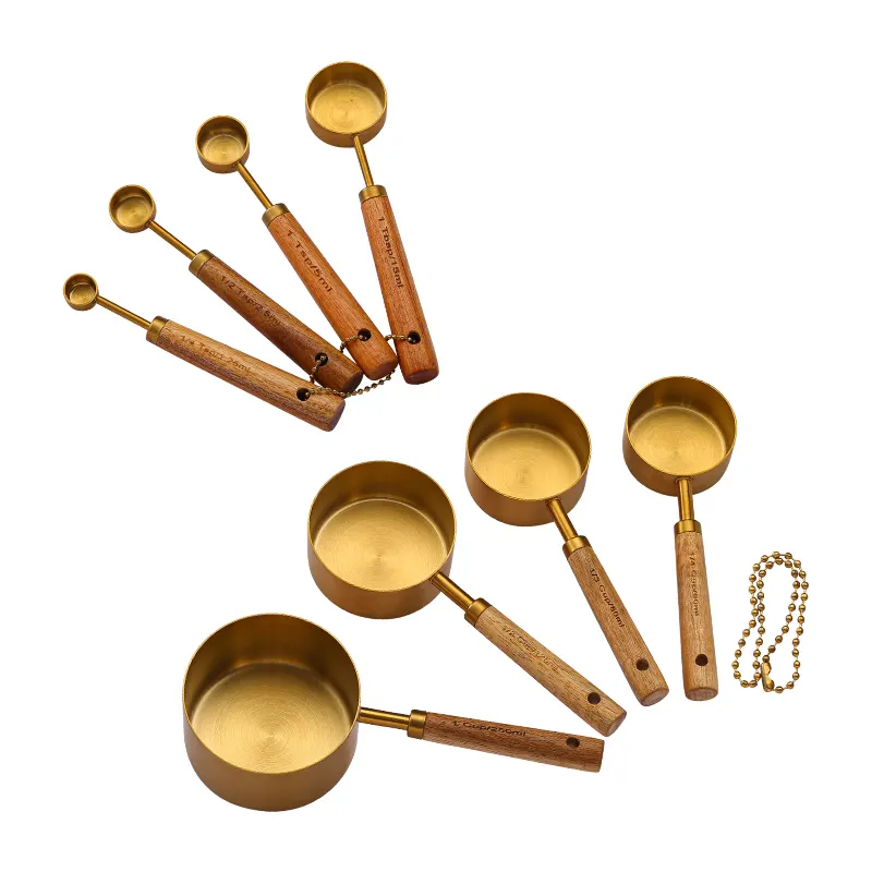 Stainless Steel Set Of 8 Stackable Teaspoon Tablespoon Cup Wood Handle Gold Measuring Tools
