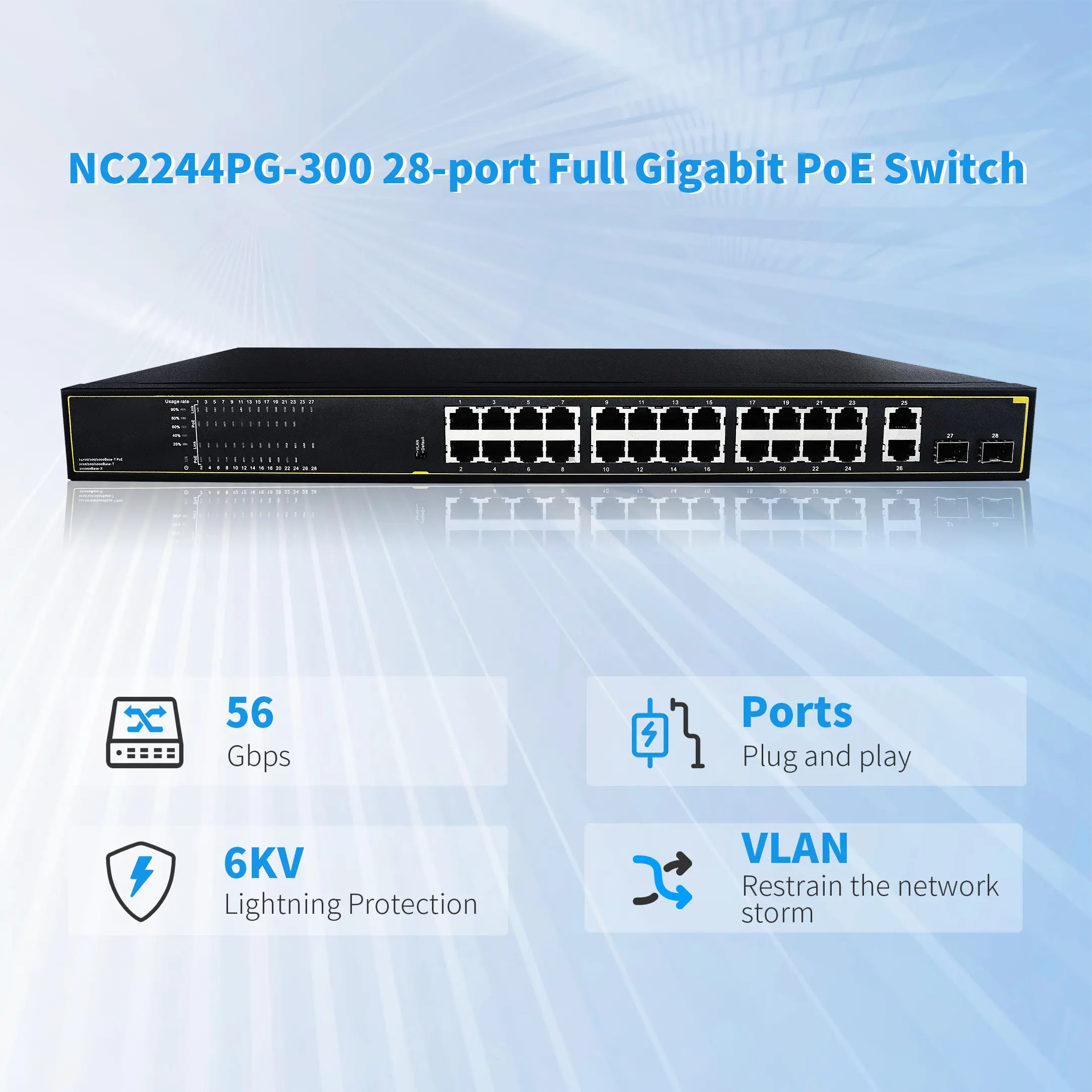 OEM/ODM 300W PoE switch 24 ports 10/100/1000M Gigabit unmanaged ethernet fiber SFP switch poe IEEE802.3af/at suitable CCTV NVR