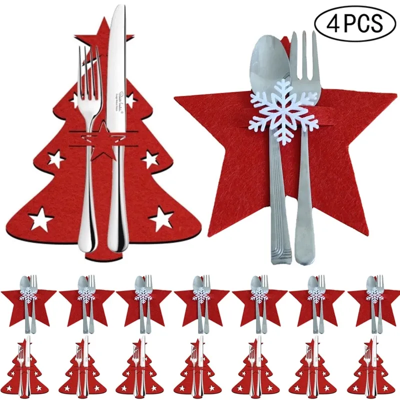 4 pz Xmas portaposate tasca albero di natale stelle fiocco di neve forchetta coltello cucchiaio porta borse per cucina stoviglie Organizer decori
