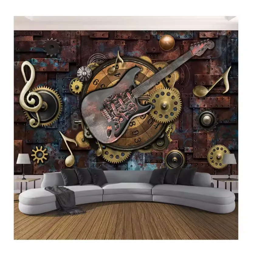 Papel de parede para paredes 3d murais retrô guitarra notas musicais bar ktv restaurante café fundo papel de parede