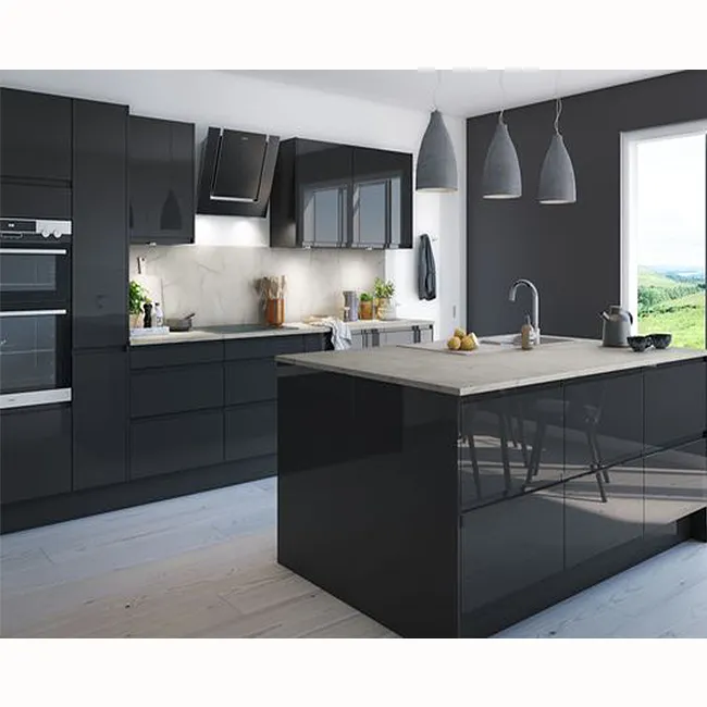 Armarios de cocina de lujo, diseño de isla industrial contemporáneo, alta calidad, color negro brillante