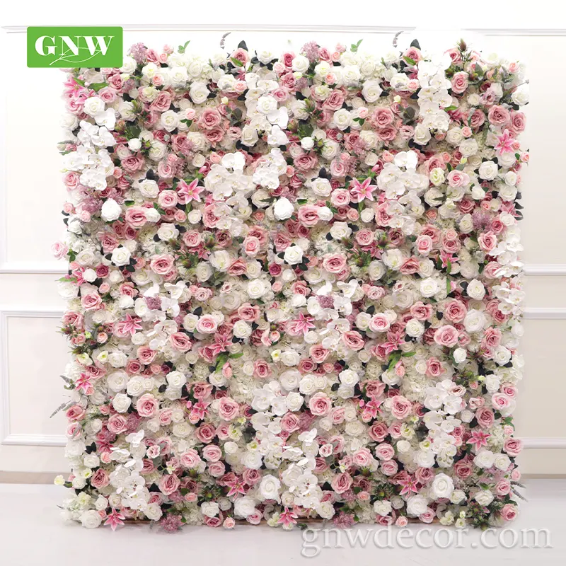 GNW-alfombrilla de pared de flores de lujo, paneles de flores rosas de seda para fondo, decoración de pared de boda, rosa y champán