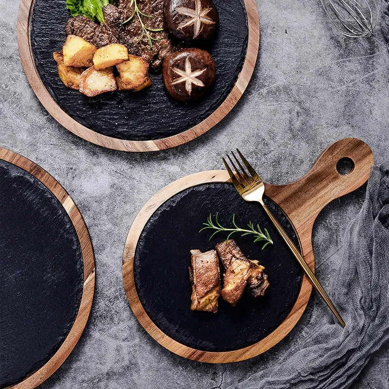 Placa de madeira de acácia, venda quente, preto, comida ocidental, com alça, madeira, redonda, churrasco, sushi, placa de bife