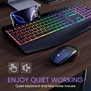 Teclado de ordenador ergonómico recargable RGB con reposamanos, teclado de membrana inalámbrico con teclas Silenciosas Para PC, ordenador portátil - Product Image 5