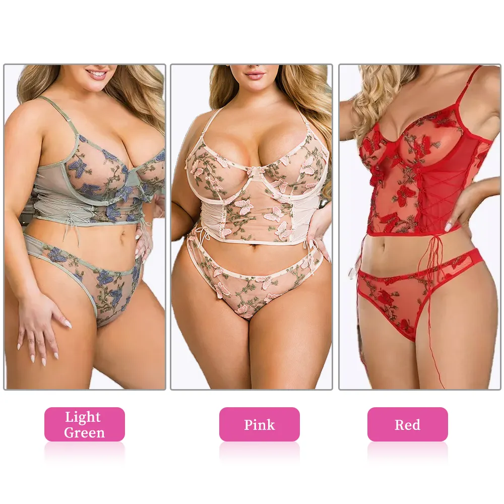 Conjunto de lingerie sexy com renda vermelha, transparente, floral, sutiã e breve conjunto de roupa íntima para mulheres